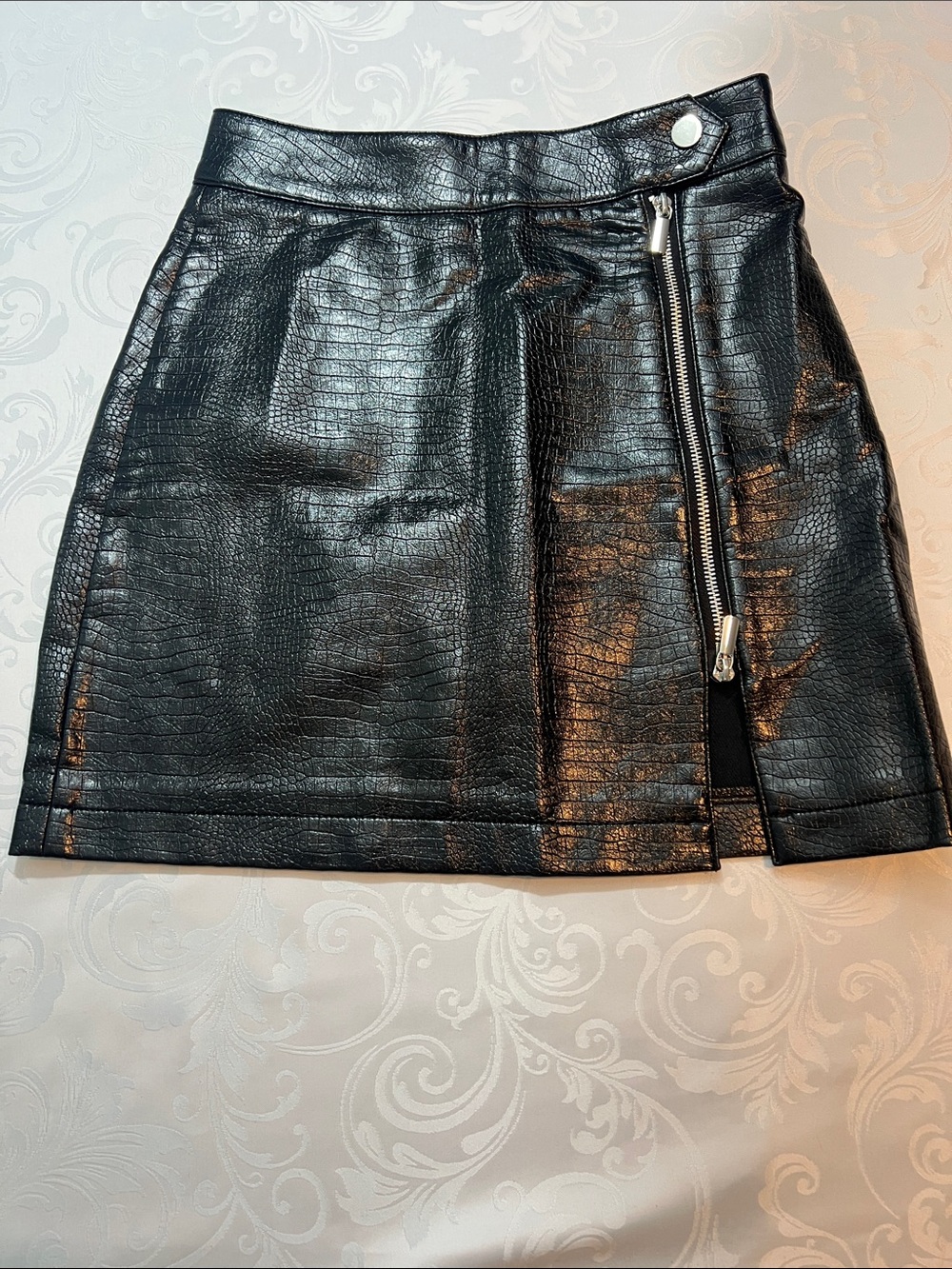 Topshop Black Faux Croc Zip-Front Mini Skirt